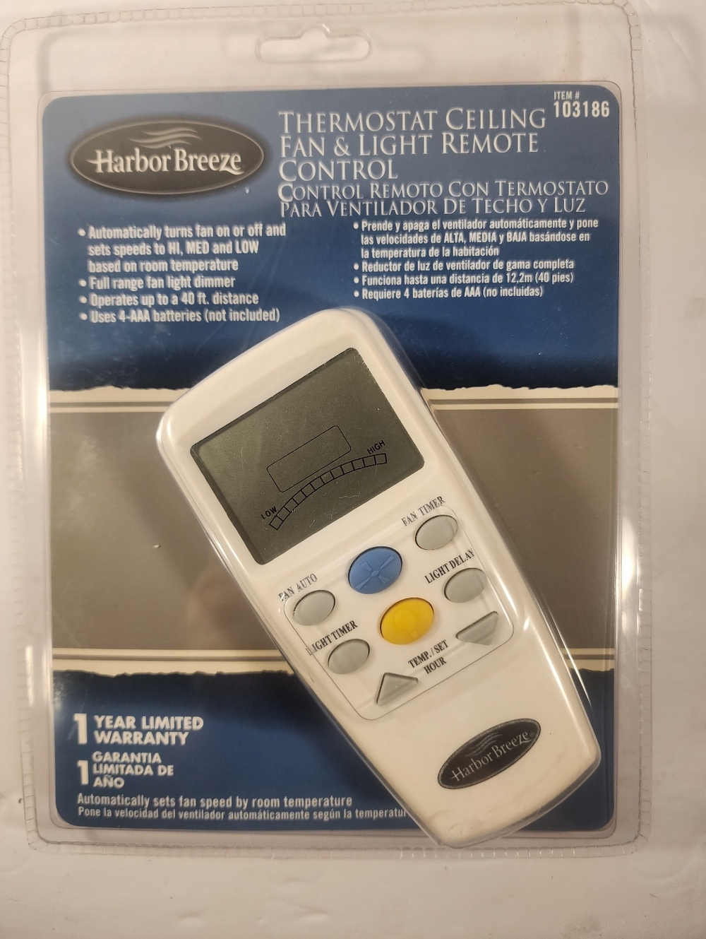 Harbor Breeze Thermostatic Ceiling Fan and Light Remote Control (Model #103186).